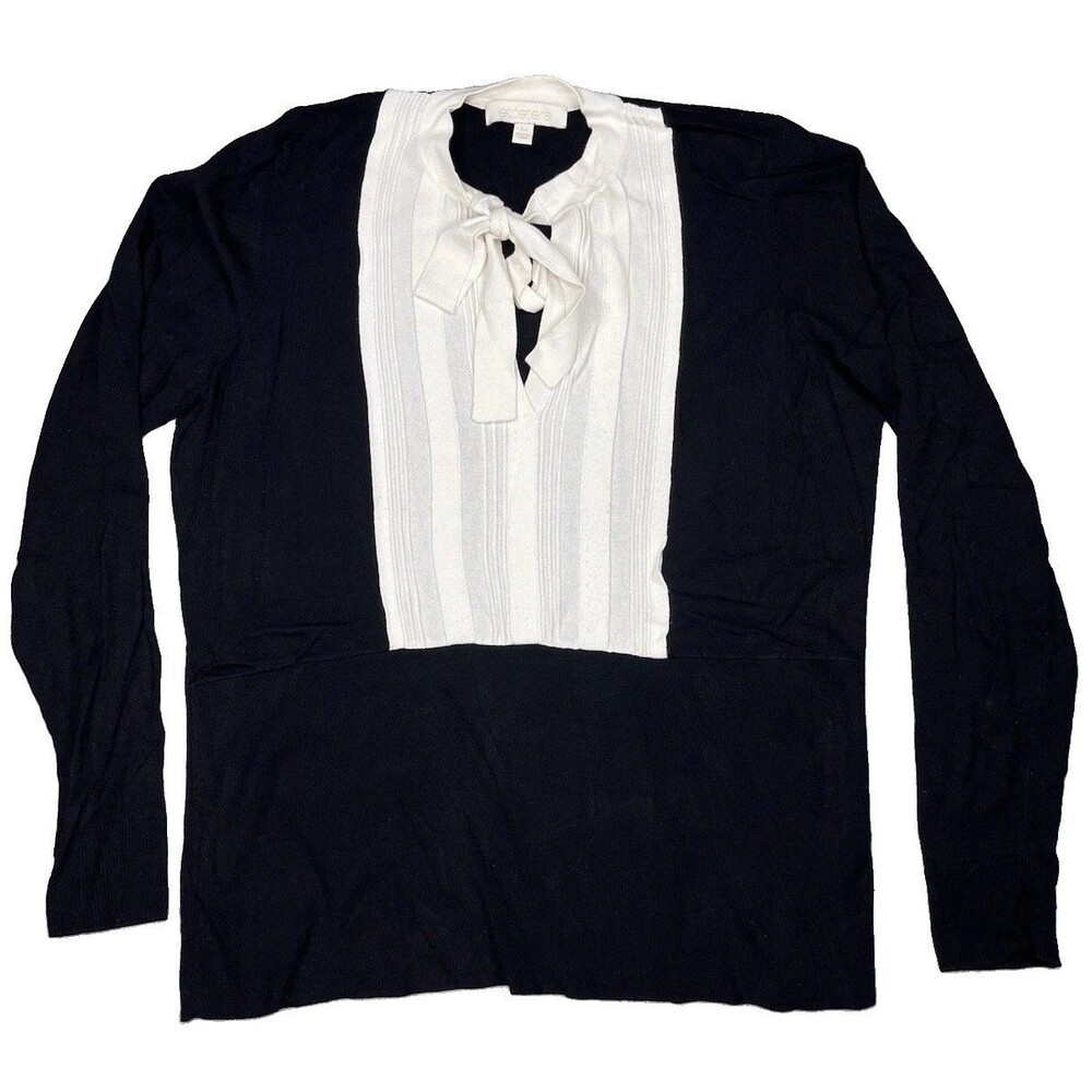 Etcetera Womens Large Black Long Sleeve Colorblock Tie Neck Knit Blouse Sweater